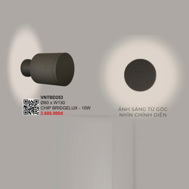 VNTBD253: Đèn gắn tường ngoài trời LED sáng 2 đầu - KT: Ø80mm x W130mm - Đèn LED10W