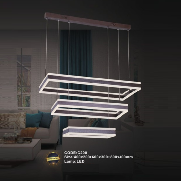 CODE: C200: Đèn thả 3 vòng LED sơn nâu, sáng 2 đầu chữ nhật - KT: (400x200+600x300+800x+400)mm - Đèn LED