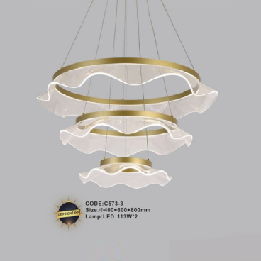CODE: C573-3: Đèn thả 3 vòng LED  - KT: Ø(400+600 +800)mm - Đèn LED 113W x 2 ánh sáng đổi 3 màu