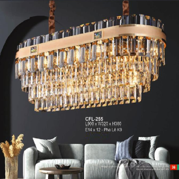 EU -  CFL - 255: Đèn thả phale K9 chữ nhật - KT: L900mm x W320mm x  H380mm - Đèn chân E14 x 12 bóng