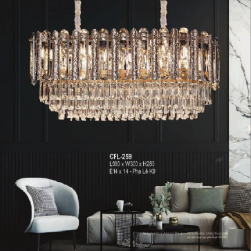EU -  CFL - 259: Đèn thả phale K9 chữ nhật  - KT: Ø900mm x W300mm x H280mm - Đèn chân E14 x 14 bóng