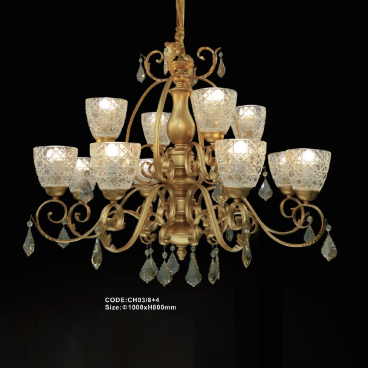 CODE: CH03/8+4: Đèn chùm 12 tay, chao thủy tinh - KT: Ø1000mm x H800mm - Bóng đèn E27 x 12 bóng