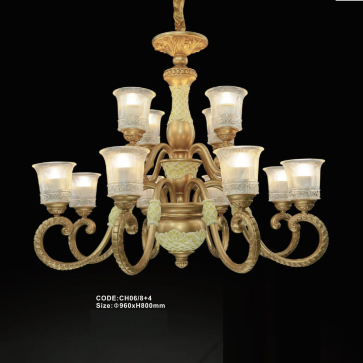 CODE: CH06/8+4: Đèn chùm 12 tay, chao thủy tinh - KT: Ø960mm x H800mm - Bóng đèn E27 x 12 bóng