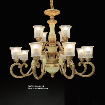 CODE: CH06/8+4: Đèn chùm 12 tay, chao thủy tinh - KT: Ø960mm x H800mm - Bóng đèn E27 x 12 bóng