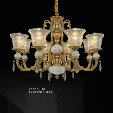 CODE: CH19/8: Đèn chùm 8 tay chao thủy tinh - KT: Ø900mm x H750mm - Bóng đèn E14 x 8 bóng