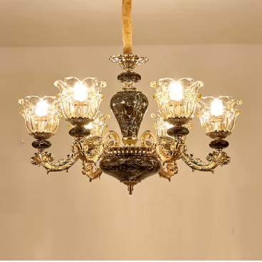 CNQT - 249: Đèn chùm 6 tay chao thủy tinh - KT: Ø650mm x H900mm - Bóng đèn chân E14 x 6 bóng