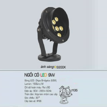 AFC - NGỒI CỎ LED 9W: Đèn pha cỏ 9W - Ánh sáng vàng 3200K