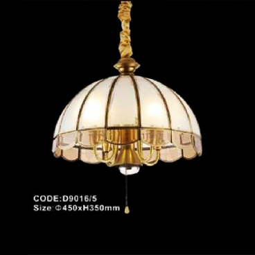 CODE: D9016/5: Đèn thả đồng - KT: Ø450mm x H350mm - Đèn chân E14 x 4 bóng + E27 x 1 bóng