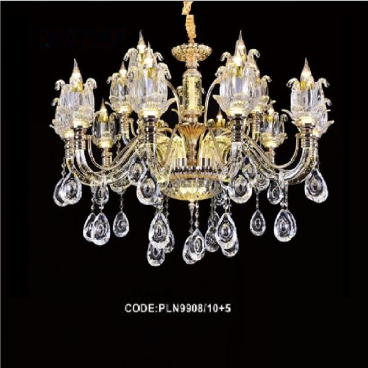 CODE: PLN9908/10+5: Đèn chùm nến 15 tay  - KT: Ø1050mm x H780mm - Đèn nến chân E14 x 15 + Đèn LED tay đèn, chao đáy