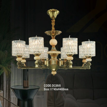 CODE: DC09/8: Đèn chùm 8 tay chao thủy tinh - KT: Ø740mm x H460mm - Bóng đèn E14 x 8 bóng