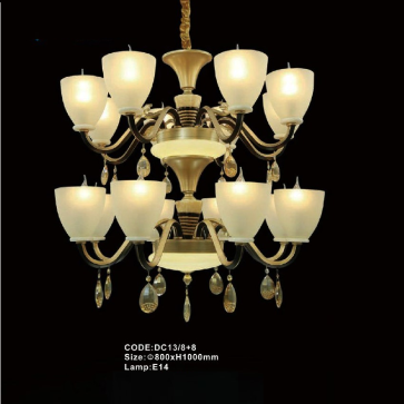 CODE: DC 13/8+8: Đèn chùm 16 tay, chao thủy tinh - KT: Ø800mm x H1000mm - Bóng đèn E14 x 16 bong + Đèn LED