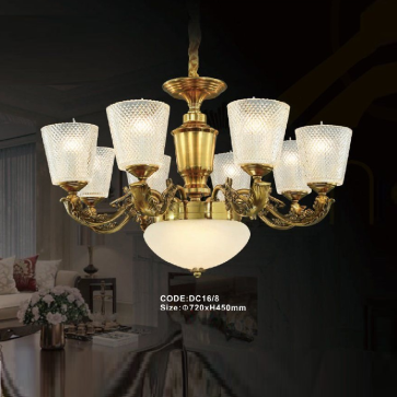 CODE: DC16/8: Đèn chùm 8 tay chao thủy tinh - KT: Ø720mm x H450mm - Bóng đèn E14 x 8 bóng