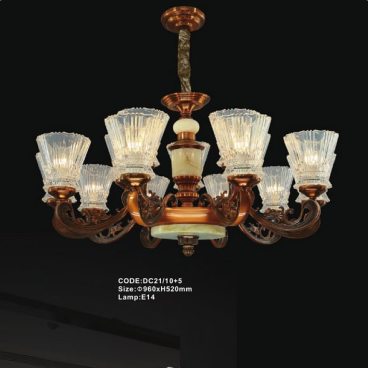 CODE: DC21/10+5: Đèn chùm 15 tay chao thủy tinh - KT: Ø960mm x H520mm - Bóng đèn E14 x 15 bóng