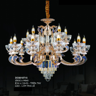 35 - DC6018T15: Đèn chùm nến 15 tay - KT: Ø930mm x H640mm - Đèn chân E14 x 8 bóng + LED