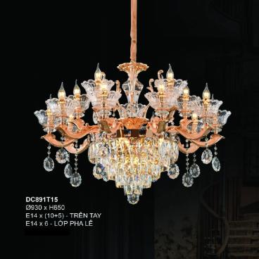 35 - DC891T15: Đèn chùm nến 15 tay - KT: Ø930mm x H650mm - Bóng đèn nến chân E14 x 15 bóng + Đèn LED