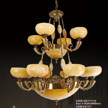 CODE: DD1171/12:  Đèn chùm đồng 12 tay, chao đá - KT: Ø 1020mm  x H 900mm - Bóng đèn chân E 14 x 15 bóng