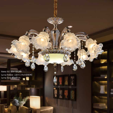 E1 - 151/10: Đèn chùm 10 tay -  KT: Ø850mm x H450mm - Bóng đèn chân E14 x 10 bóng + Đèn LED