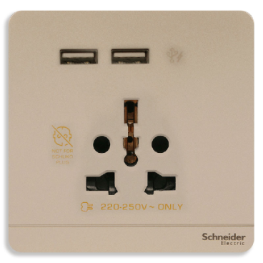 E8342616USB_WG_G19: Bộ ổ cắm đa năng 16A và sạc USB đôi 2.1A màu vàng ánh kim