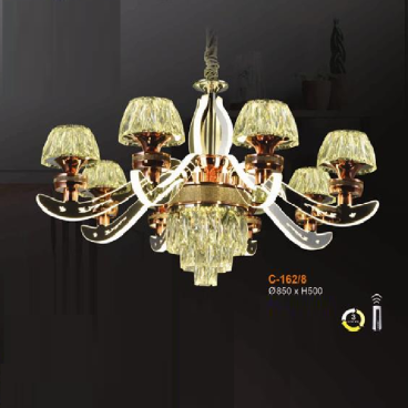 E - C - 162/8:  Đèn chùm phale LED 8 tay - KT: Ø850mm x H500mm - Đèn LED 180W đổi 3 màu - Remote