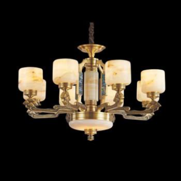 E - CD 182/8: Chùm đồng 8 tay, chao đá, khảm xà cừ - KT: Ø830mm x H550mm - Bóng đèn E14 x 8 bóng  + Đèn LED SMD