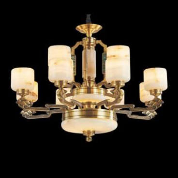 E - CD 183/8+4: Chùm đồng 12 tay, chao đá - KT: Ø930mm  x H680mm - Bóng đèn chân E14 x 12 bóng + Đèn LED SMD