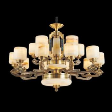 E - CD 184/10+5: Chùm đồng 15 tay, chao đá, khảm xà cừ - KT: Ø1020mm x H680mm - Đèn LED + Bóng đèn chân E14 x 15 bóng