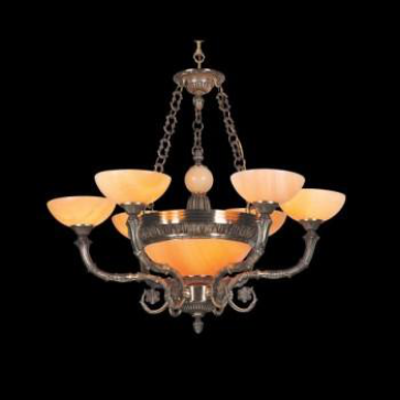 E - CD 187/6: Chùm đồng 6 tay chao đá - KT: Ø850mm x H700mm - Bóng đèn chân E27 x 9 bóng