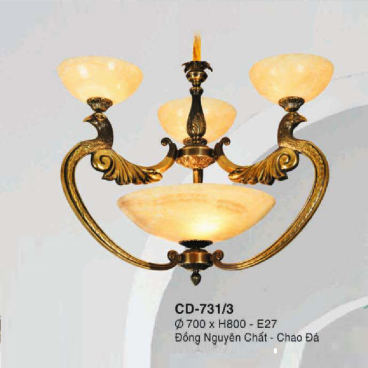 E - CD - 731/3: Đèn thả đồng - KT: Ø700mm x H800mm - Đèn chân E27 x 3 bóng