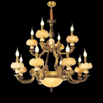 E - CD - 773/8+4: Chùm đồng 12 tay chao đá - Tay đèn có LED - KT: Ø 900mm x H800mm - Đèn chân E14 x 12 bóng + chân E27 x 3 bóng