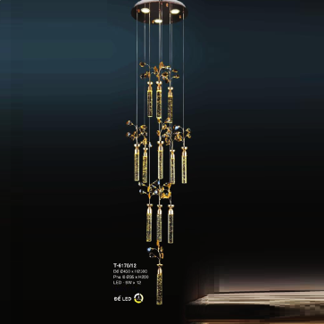 EU -T- 6170/12: Đèn thả dây thanh  phale - KT: Ø450 x H2500mm - Thanh thủy tinh:  Ø35mm x H200mm  - Đèn LED 5W x 12 bóng