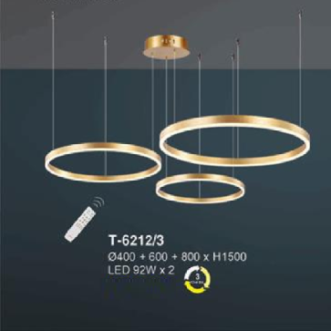 EU - T - 6212/3: Đèn thả 3 vòng LED, xi màu vàng, gắn rời - KT: Ø(400+600+800)mm x H1500mm - Đèn LED 92W đổi 3 màu - Remote
