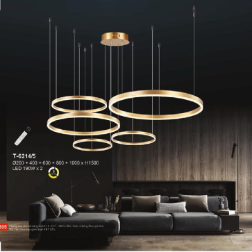 EU - T - 6214/5: Đèn thả 4 vòng LED xi vàng, gắn rời - KT: Ø(200 + 400 + 600 + 800 + 1000)mm x H1500mm - Đèn LED đổi 3 màu - Remote