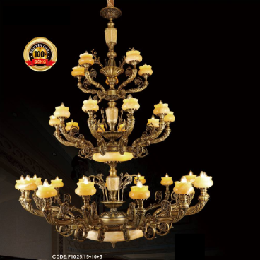 CODE: F1025 /15+10+5: Đèn chùm đồng  chao đá 30 tay - KT: Ø1900mm  x H1550mm - Đèn chân E14 x 30 bóng