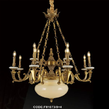 CODE: F81073/8+4:  Đèn chùm đồng 12 tay, chao đáy đá - KT: Ø1100mm  x H 1200mm - Bóng đèn chân E14 x 12 bóng + E27 x 3 bóng