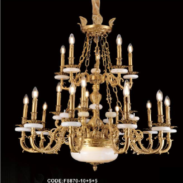 CODE: F8870/10+5+5:  Đèn chùm đồng 20 tay - KT: Ø1050mm x H1000mm - Đèn chân E14 x 20 bóng