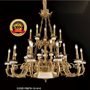 CODE: F8870 /12+6+6:  Đèn Chùm đồng đá trắng 24 tay - KT: Ø1250mm x H1200mm - Đèn chân E14 x 24 bóng