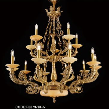 CODE: F8873/10+5:  Đèn chùm đồng  đá 15 tay - KT: Ø1100 x H1100mm - Bóng đèn chân E14 x 15 cái