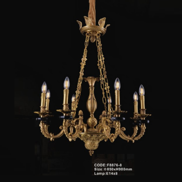 CODE: F8876 - 8:  Đèn chùm đồng đá đen 8 tay - KT: Ø850mm x H900mm - Đèn chân E14 x 8 bóng