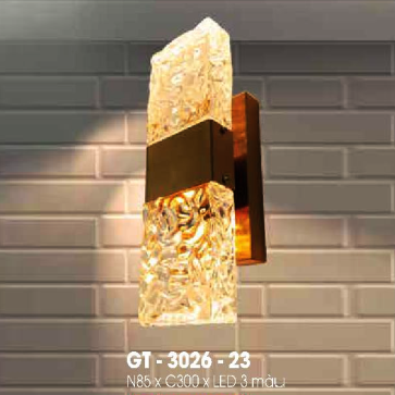 LH - GT -  3026 - 23: Đèn gắn tường chao thủy tinh - KT: L85mm x H300mm - Đèn LED đổi 3 màu