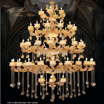 HF- CN 1769/6+22+16+12+6: Chùm nến chao đá - KT: Ø2000mm  x H2800mm + 400mm - Bóng đèn E14 x 62 bóng