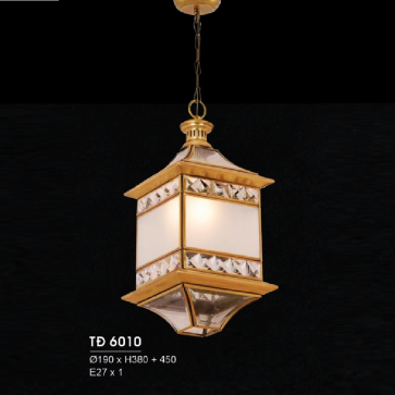 HF - TĐ 6010: Đèn thả đồng - KT: Ø190mm x H380mm +450mm - Đèn chân E27 x 1 bóng