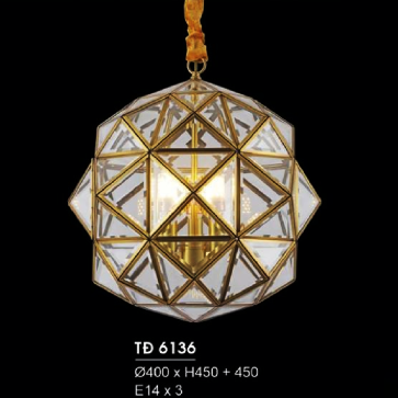 HF - TĐ - 6136: Đèn thả đồng - KT: Ø400mm x H450mm + 450mm - Đèn chân E14 x 3 bóng