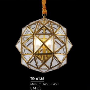 HF - TĐ - 6136: Đèn thả đồng - KT: Ø400mm x H450mm + 450mm - Đèn chân E14 x 3 bóng
