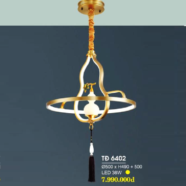 HF - TĐ  6402: Đèn thả đồng  - KT: Ø500mm x H490mm + 500mm - Đèn LED 36W ánh sáng vàng