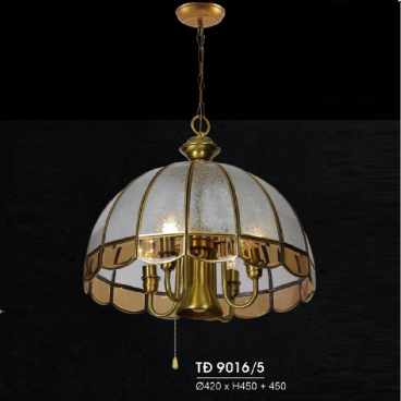 HF - TĐ 9016/5: Đèn thả đồng - KT: Ø420mm x H450mm +450mm - Đèn chân E14 x 4 bóng + E27 x 1 bóng
