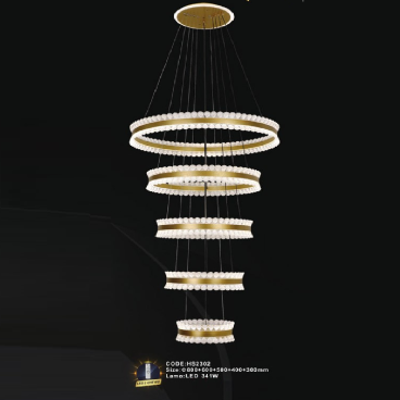 CODE: HS2302: Đèn thả 5 vòng LED  - KT: Ø(800+600+500+400+300)mm - Đèn LED 341W ánh sáng đổi 3 màu