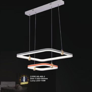 CODE: HS - 600-2:  Đèn thả  ngang 2 vòng LED - KT: Ø(300+500)mm - Đèn LED 116W ánh sáng đổi 3 màu