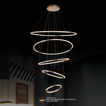CODE: HS - D11: Đèn thả 5 vòng LED  - KT: Ø(400+600+800+1000+1200)mm x H2500mm - Đèn LED 246W ánh sáng đổi 3 màu
