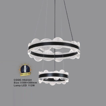 CODE: HS2324: Đèn thả 2 vòng LED Mica - KT: Ø(500+300)mm - Đèn LED 112W ánh sáng đổi 3 màu