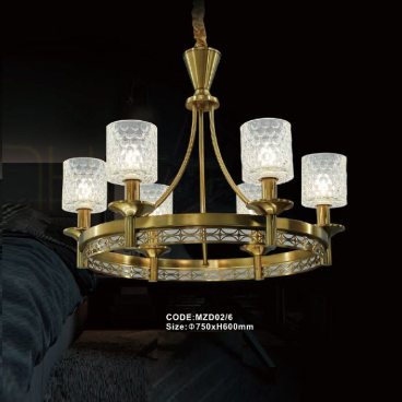 CODE: MZD02/6: Đèn chùm thả 6 bóng, chao thủy tinh - KT: Ø750mm x H600mm - Đèn LED